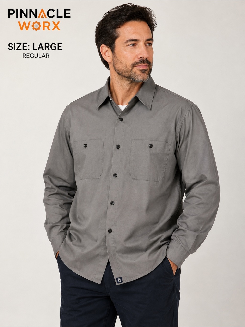 Pinnacle Worx Men’s Large Gray Work Shirt Long Sleeve Utility Uniform Button Up